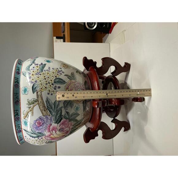 Large Chinese Porcelain Fish Bowl Jardiniere w/ Carved Wood Stand 18